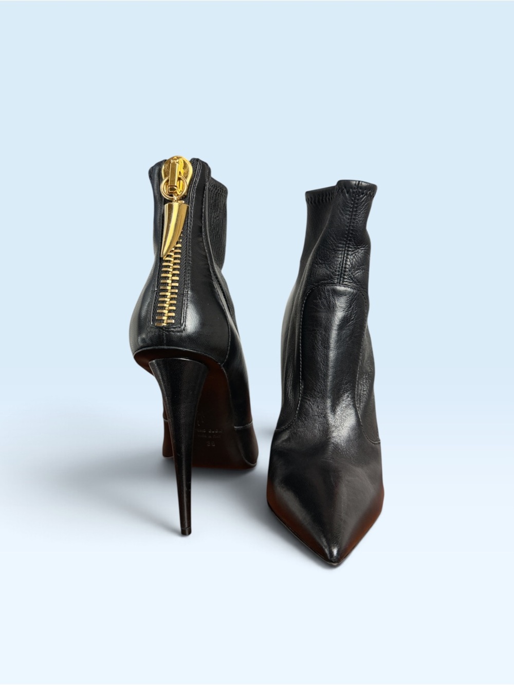 Giuseppe Zanotti Black Leather Pointed Toe Gold Zip Stiletto Ankle Boots 39